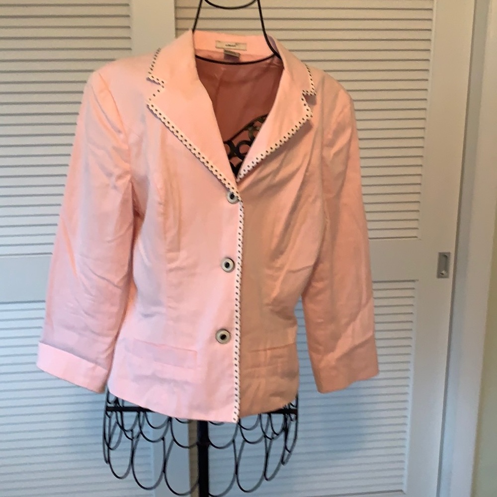 Cotton pinstriped pink blazer with polka dot accents